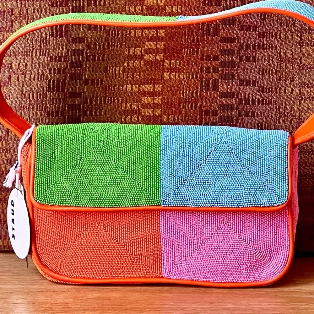 🌺🎉HP🎉🌺 NWT Staud Beaded Tommy Shoulder Bag Multi Colorblock 🌟RARE FIND🌟 - Picture 3 of 16